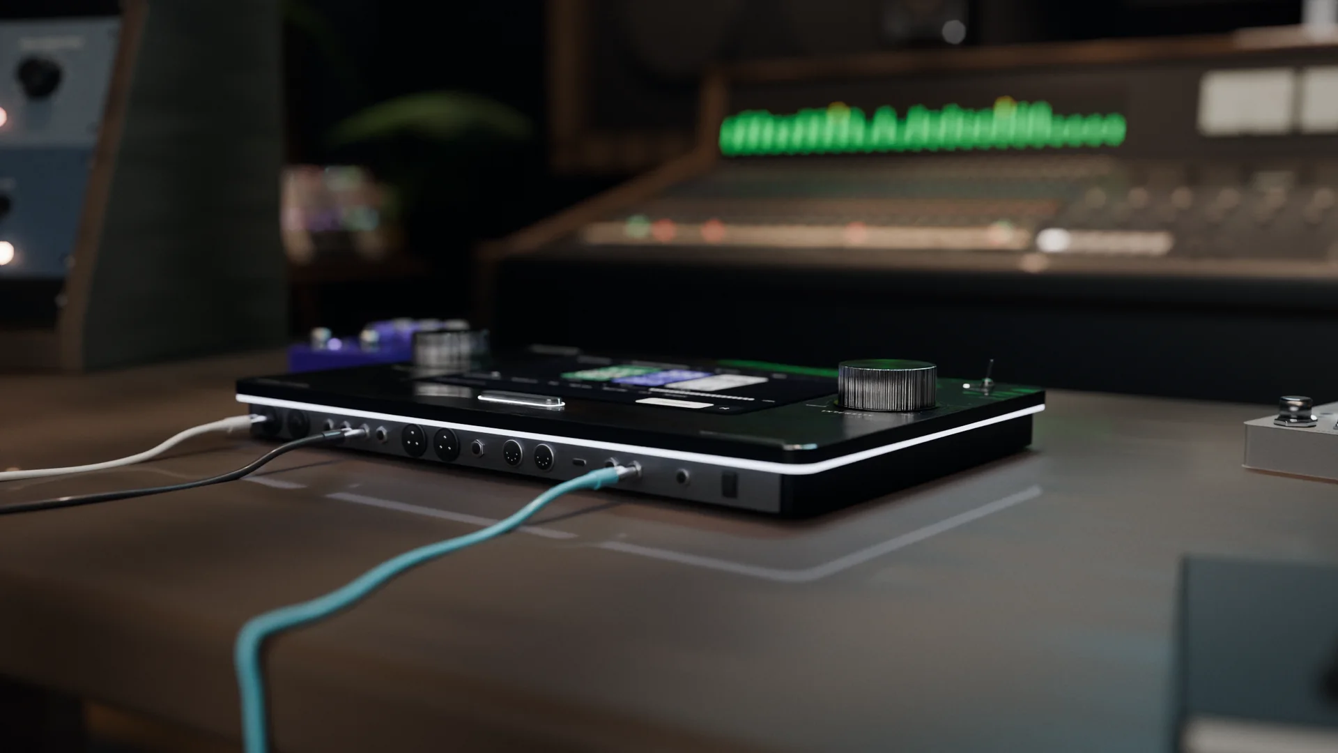 BACKTAPE on a walnut producer desk in front of a large analog console