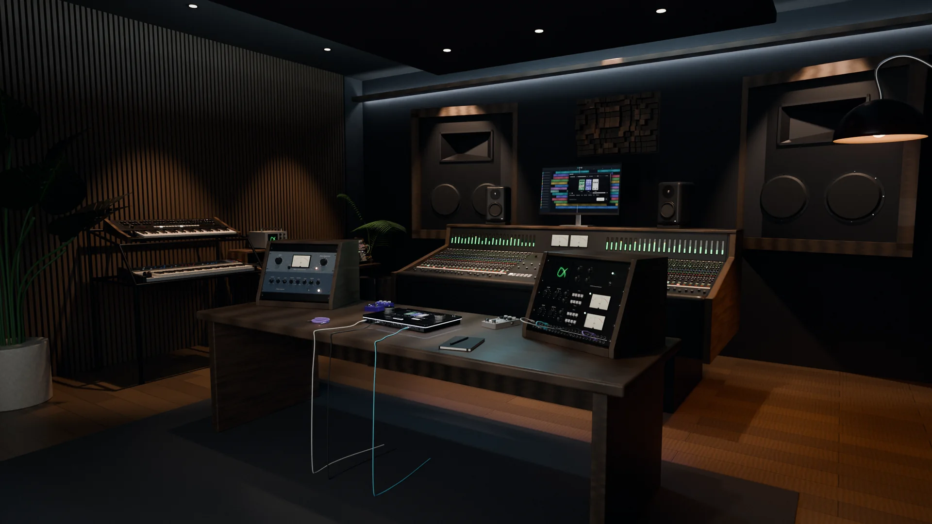 The control room: an analog console, monitors built into the wall and BACKTAPE on the producer desk